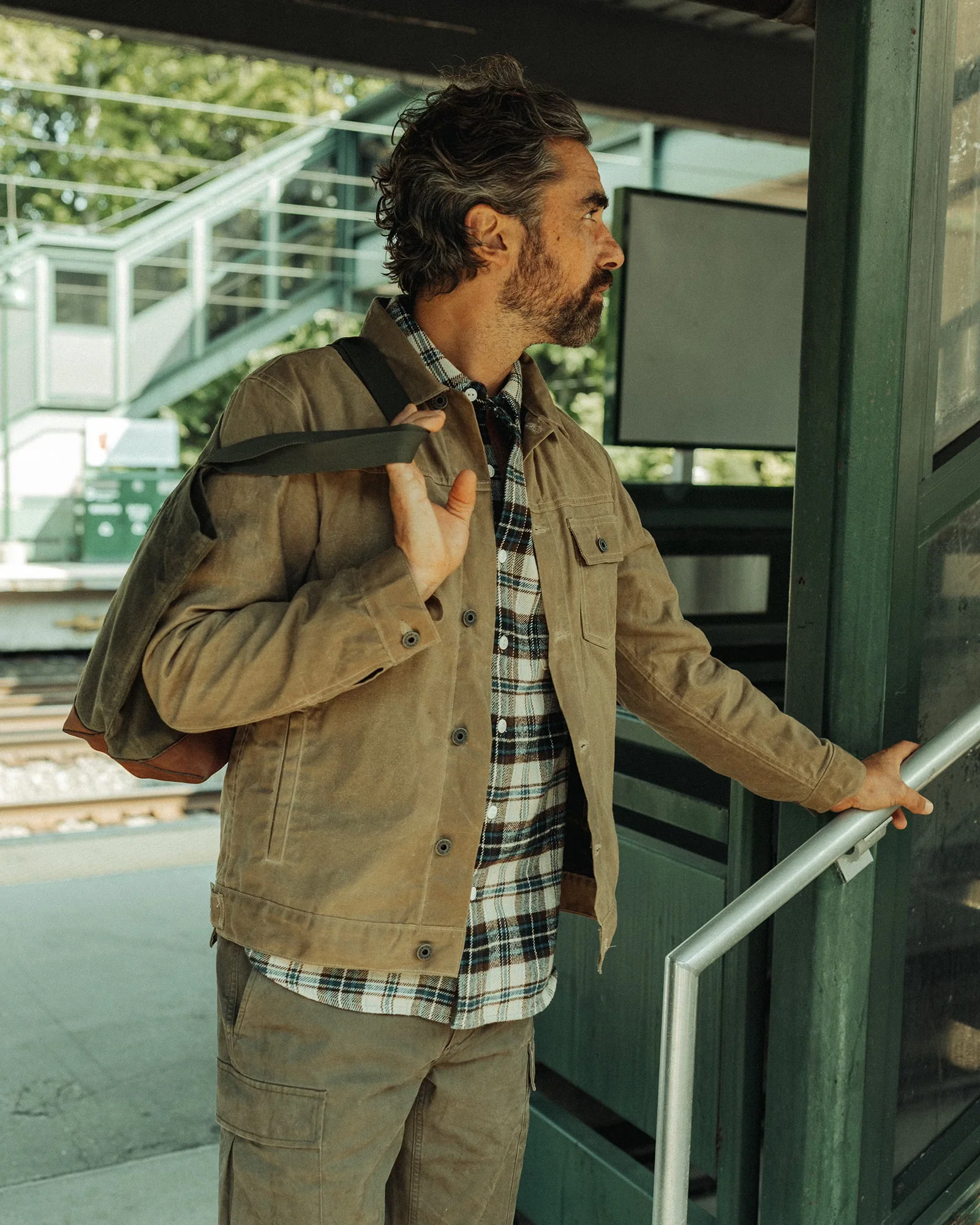 Flannel Lined Waxed Trucker Jacket in Field Tan - Image 4
