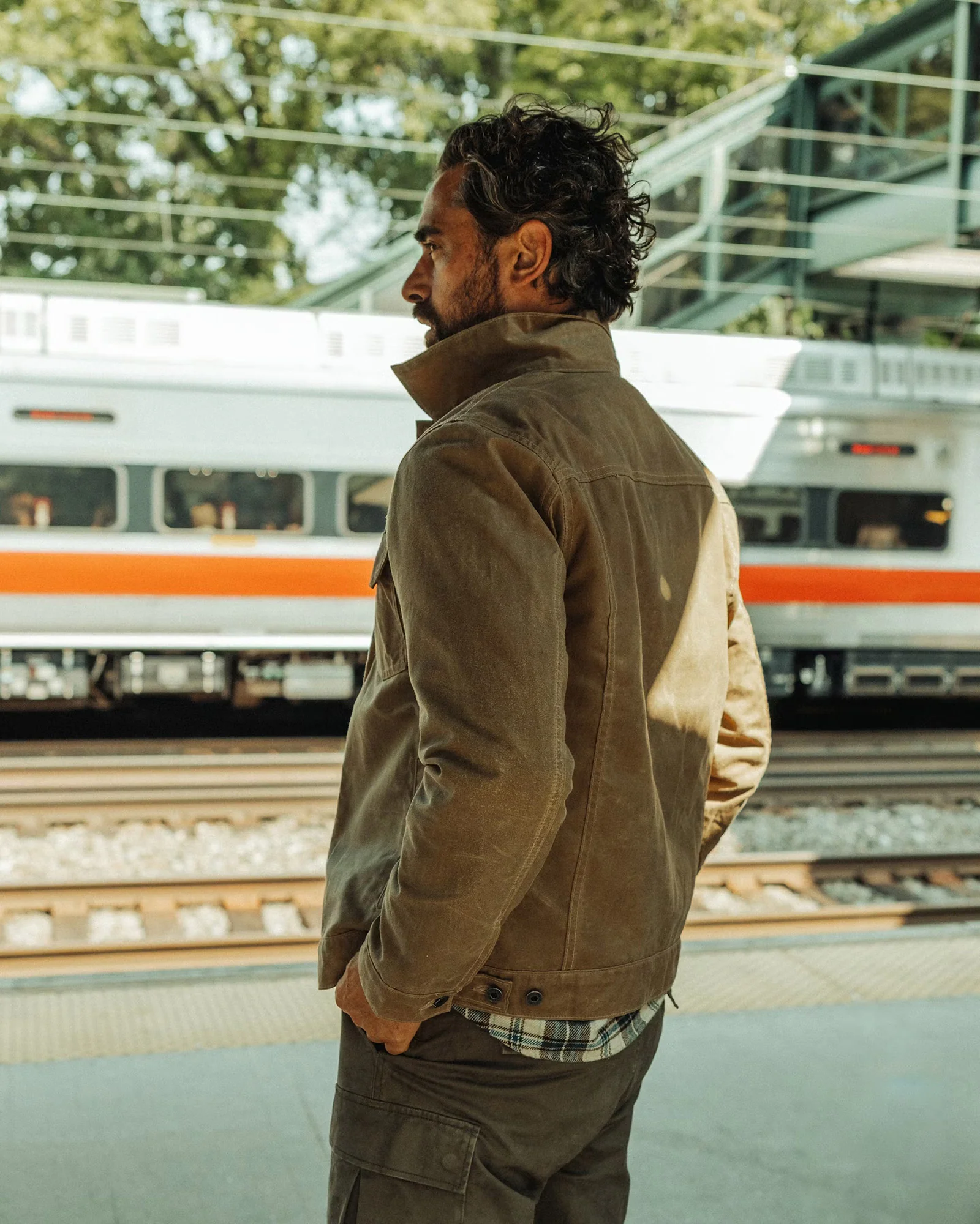 Flannel Lined Waxed Trucker Jacket in Field Tan - Image 6