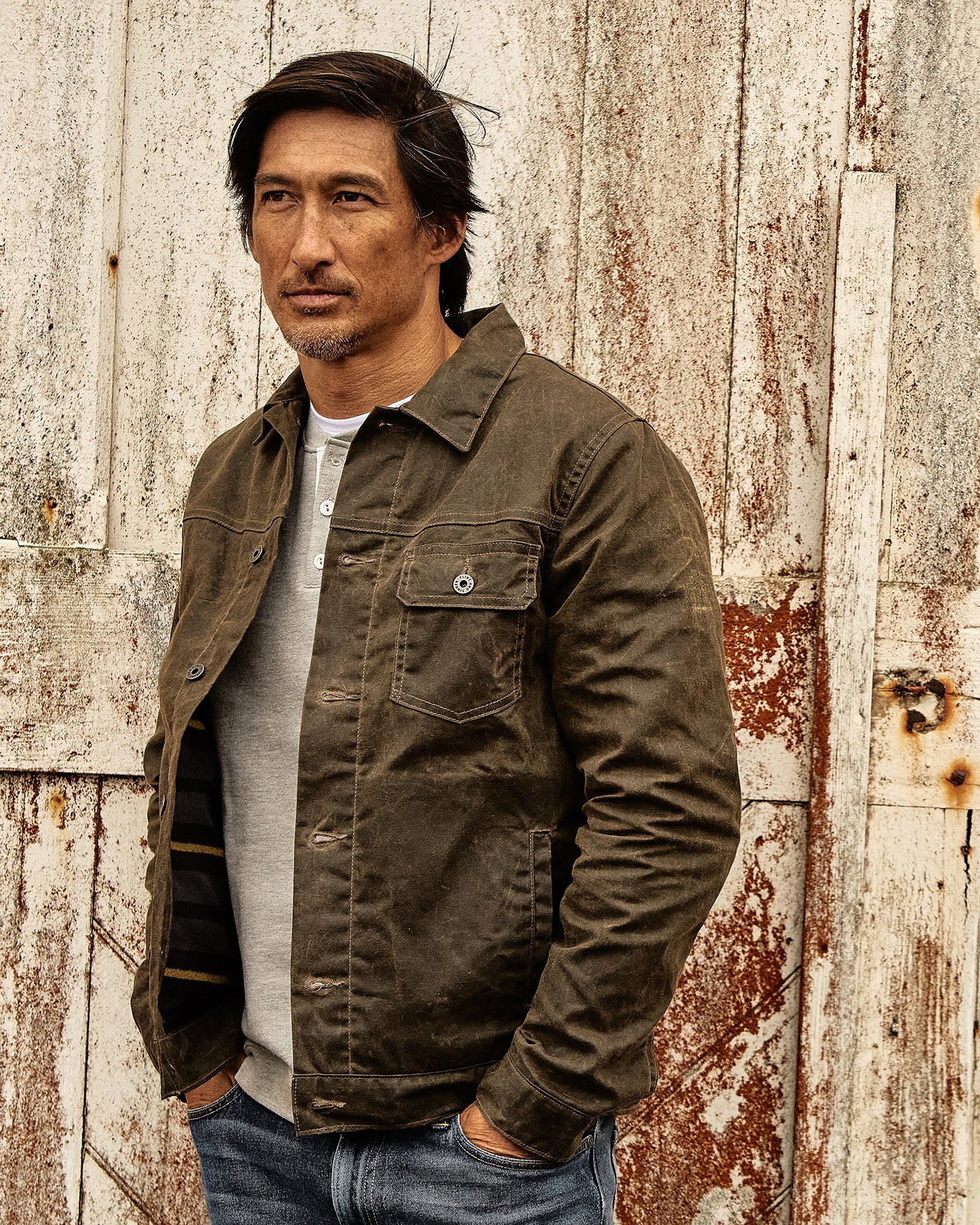 Flannel Lined Waxed Trucker Jacket in Forest - Image 7