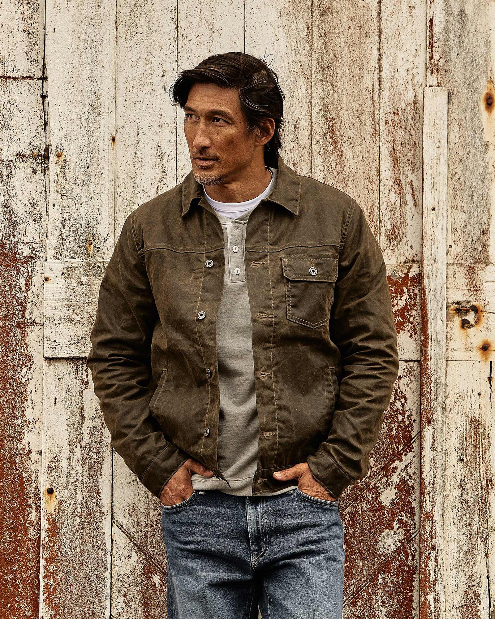 Flannel Lined Waxed Trucker Jacket in Forest - Image 9