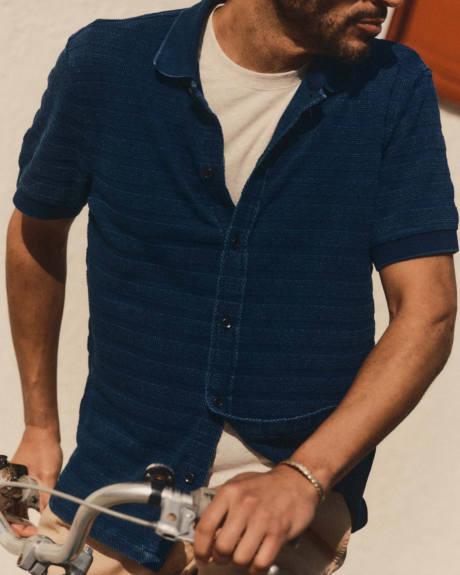 The Bywater Polo in Rinsed Indigo Knit Stripe - Image 2